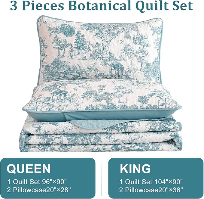WONGS BEDDING Botanical Quilt Set King Size, Blue 3 Pieces Toile Floral Plants Printed Bedspread Bedding Set Soft Lightweight Microfiber Coverlet Set for All Season (104"x90")