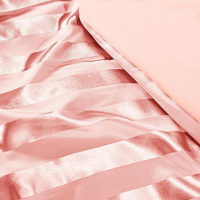 Whale Flotilla 3-Piece Reversible Silky Soft King Size Comforter Set, Luxury Stripe Satin Oversized Comforter Bedding Set with 2 Satin Pillowcases, Lightweight Duvet for All Seasons, Pink