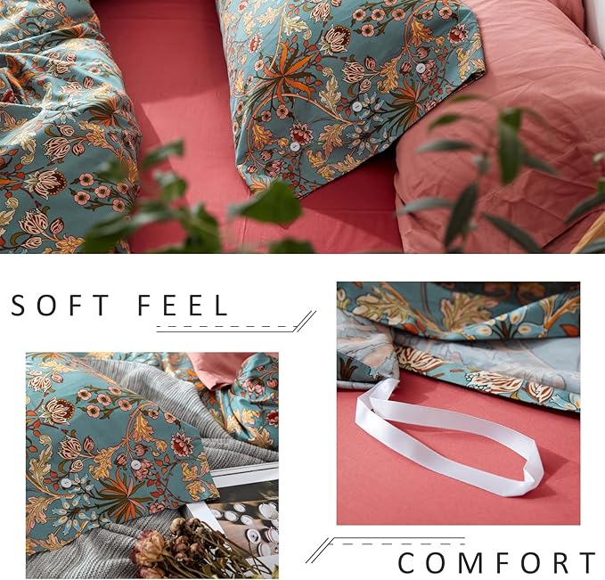 mixinni 3 Pieces Flower Duvet Cover Set 100% Natural Cotton Full Size Bedding Cover with Zipper&Ties, 1 Duvet Cover and 2 Pillowcases, Easy Care, Soft and Durable-Full Size