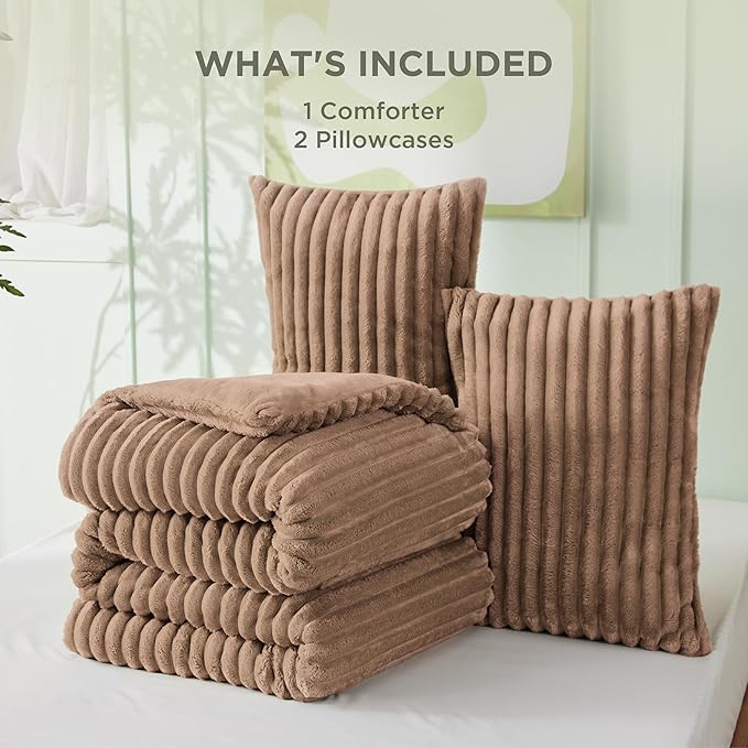 Bedsure King Size Comforter Set - GentleSoft™ 3 Pieces Fluffy Double-Side Fleece Comforter Set, Cozy Striped Room Decor Aesthetic, Luxury Taupe King Bedding with 2 Pillowcases, 104x90 Inches
