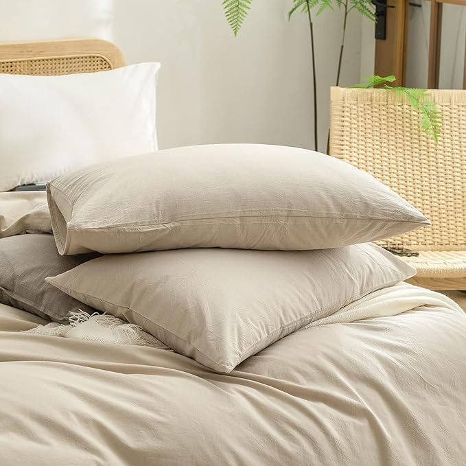 BESTOUCH Duvet Cover Set 100% Washed Cotton Linen Feel Super Soft Comfortable Chic Lightweight 3 PCs Home Bedding Set Solid Almond Milk Grey Super King