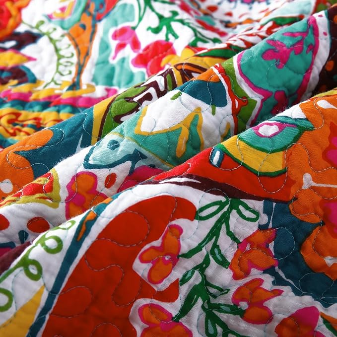 Qucover Boho Quilt King Size, 100% Cotton Bedspread, Vibrant Colorful Gorgeous Paisley Print Coverlet Bedding Set for Living Bedroom, Bed Cover with 2 Pillow Shams, 98x106 Inches