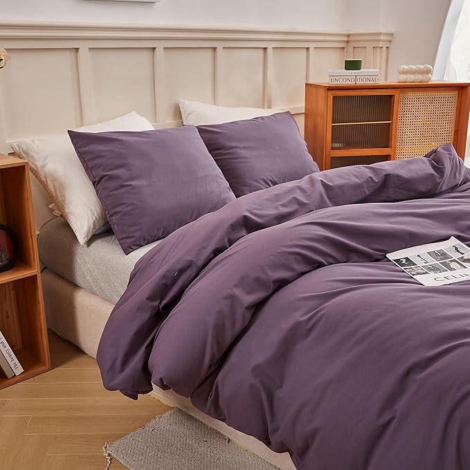 ECOCOTT Purple Duvet Cover Super Queen Size - 100% Washed Cotton Durable Soft Comfy Duvet Cover Set, 3 Pieces Duvet Cover with Zipper Closure (Purple, 98''x90'')