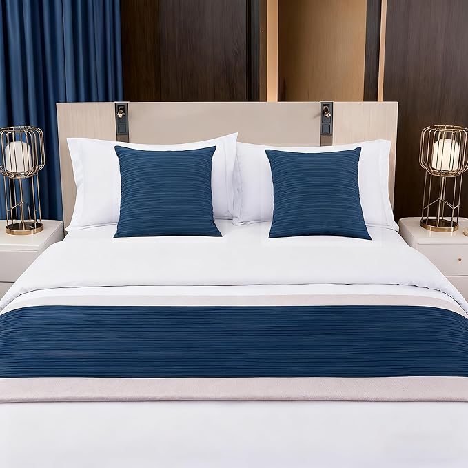 Blue Bed Runner King Stripe Seersucker Pattern Bed Scarf for King Size Blue Textured Quilted BedRunner Decorative for Hotel Bedroom (95 x 20 Inches, 1 Piece)