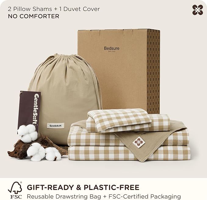 Bedsure Gingham Duvet Cover King Size,100% Washed Cotton Duvet Cover Linen Like Textured, Classic Yarn-Dyed Checkered Pattern Enhances Bedroom Comfort and Style, Gingham Khaki, 104"x90"