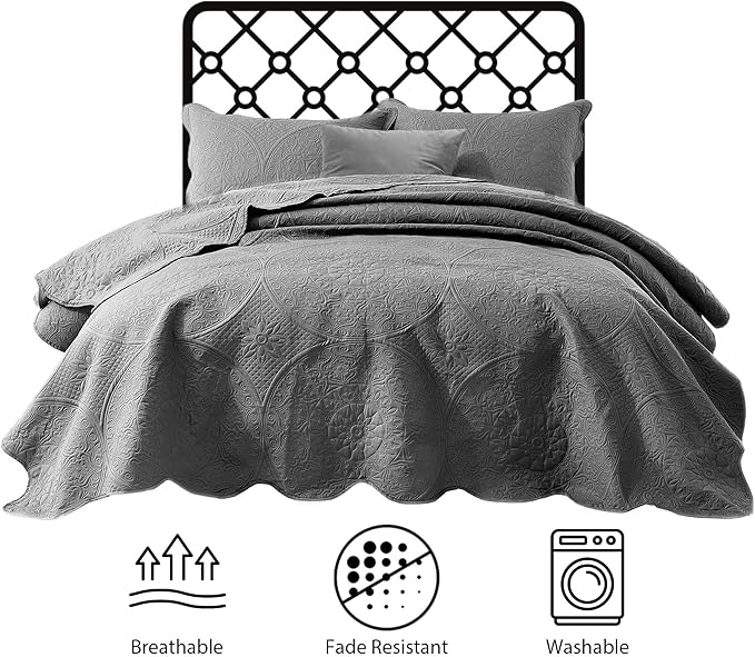 MOONLIGHT20015 Queen Quilt Bedding Set Size (90" x 96") + 2 Pillow Shams (20" x 26"+ 2") - 3 Pcs All Season Lightweight Reversible Embossed Quilt Microfiber Coverlet Floral Bedspread (Grey)