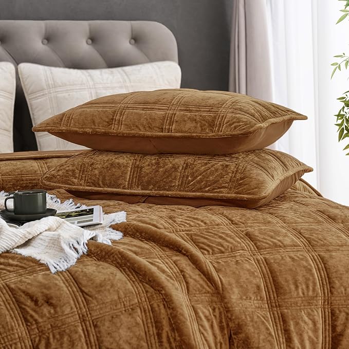 PHF Ultra Soft Velvet Quilt Set King Size – 3PCS Luxurious Cozy Quilted Comforter Alternative with Diamond Pattern, Warm Quilted Bedspread Coverlet, 108" x 92", Rusty Burnt Orange