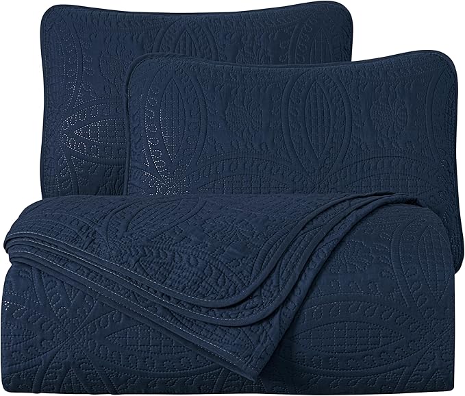 Chezmoi Collection Austin 3-Piece Oversized Bedspread Coverlet Set (Queen, Navy)