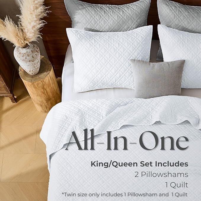 Cali King Quilt Set with Shams Lightweight Quilted Bedspread Coverlet Thin Comforter Bed Cover Vintage Washed Quilted Blanket for All Season, Brushed Microfiber Diamond Stitching, White, 111"x92"