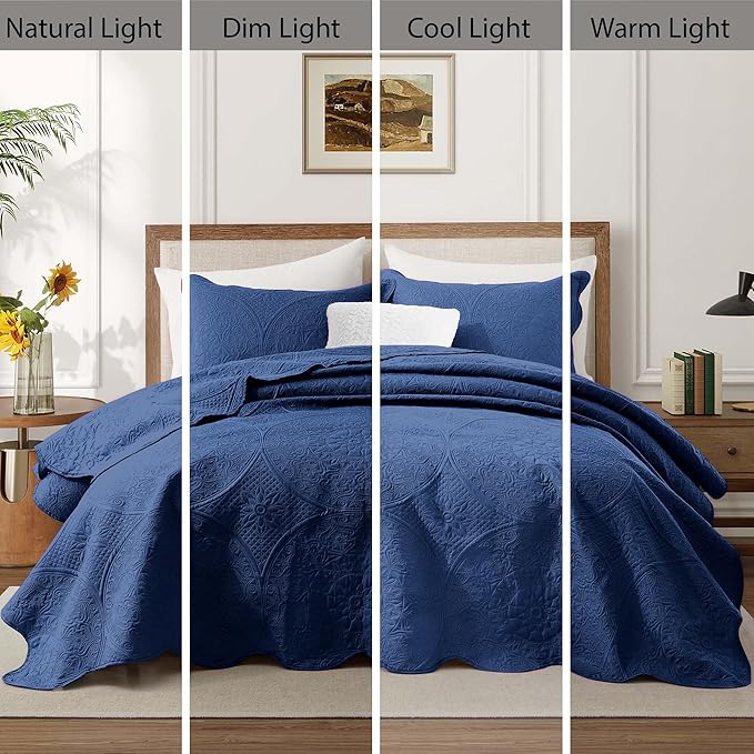 IR Imperial Rooms California King Quilt Bedding Set Size (118"x106") + 2 Pillow Shams (20" x 36"+ 2") - 3 Pcs All Season Reversible Microfiber Coverlet Embossed Floral Quilt Bedspread (Navy)