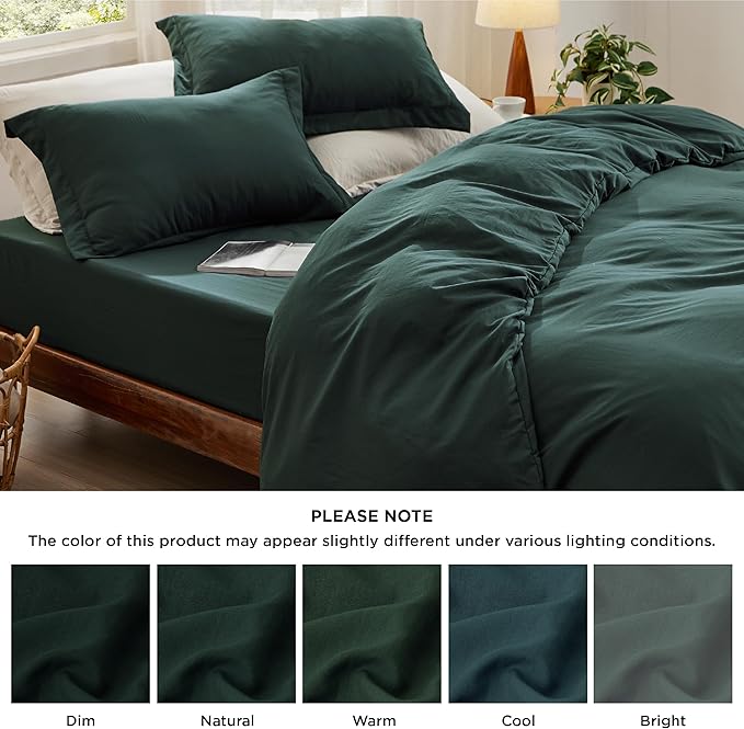 Bedsure Duvet Cover Queen Size with Fitted Sheet - 4 Pieces Prewashed Cotton-Like Polyester Extra Soft Bedding Set, Includes 1 Duvet Cover 90x90 Inches, 2 Pillow Shams, 1 Fitted Sheet, Forest Green