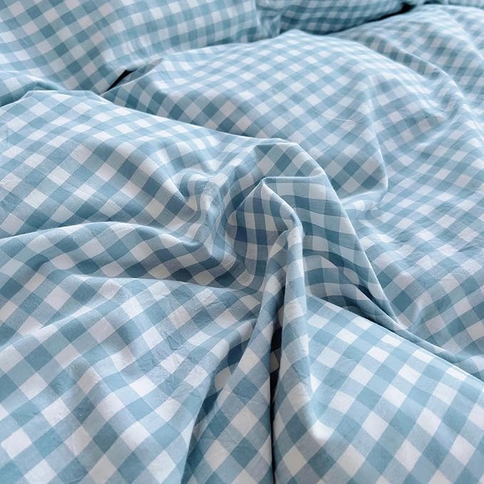 LifeTB Blue Gingham Comforter Set Full Size Ruffle Plaid Grid Bed Comforter Set with 2 Pillowcases Lightweight Gingham Bedding Set Soft Fluffy Farmhouse Plaid Checkered Pattern Comforter Full Size