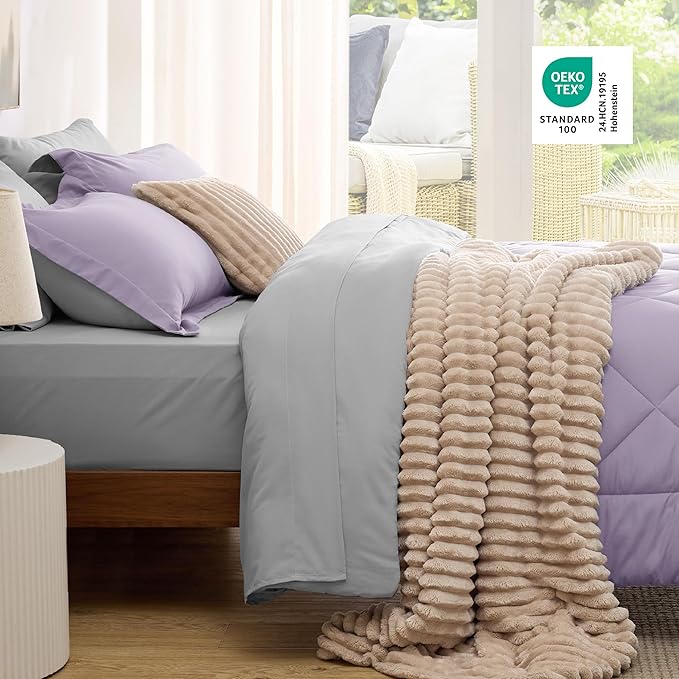 Bedsure Full Size Comforter Set - 7 Pieces Reversible Light Purple Bedding, Full Size Bed Set for All Seasons, Bed in a Bag with Down Alternative Comforter, Sheets, Pillowcases & Shams