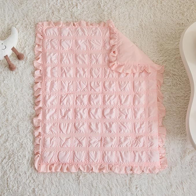 Ruffled Crib Bedding Set Baby Boho Quilted Comforter with Fitted Sheet and Bed Skirt - Cute Soft Breathable Seersucker Ruffled Shabby Chic Bedding Soft Blanket Design - Pink