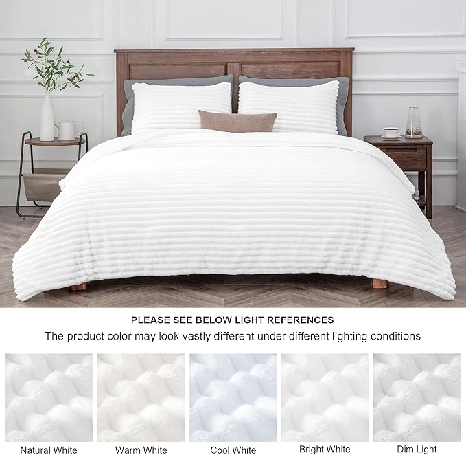 BEDELITE Fleece Oversized Queen Comforter Set -Super Soft & Warm Fluffy Bright White Bedding, Luxury Fuzzy Heavy Bed Set for Winter with 2 Pillow Cases