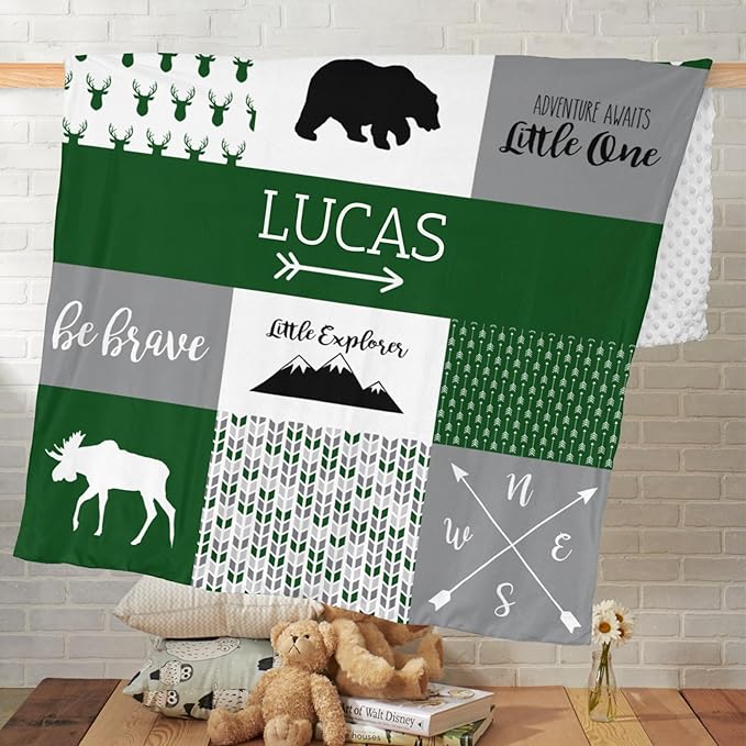 Personalized Baby Blankets for Boys, Baby Blanket for Boys with Name, Soft Plush Receiving for Newborns - Essential Baby Items, Woodland Bear Forest Green 35x45 Inches