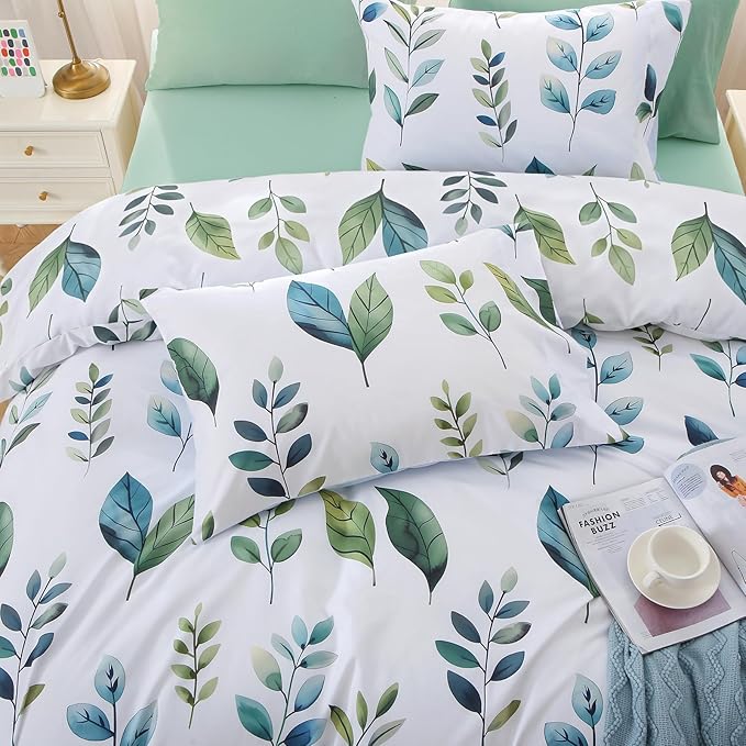MUXHOMO Grey Green Foliage Bed in a Bag Queen 7 Pieces, Queen Comforter Set Reversible Botanical Flowers Design, Ultra Soft & Breathable Bedding Sets with Comforter, Sheets, Pillowcases & Shams