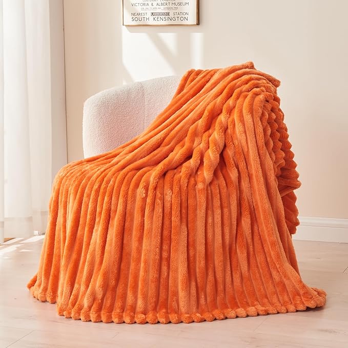 NEWCOSPLAY Super Soft Fall King Blanket Orange Premium Silky Flannel Fleece 3D Ribbed Jacquard Lightweight Bed Blanket All Season Use (Orange Ribbed, King(90"x110"))