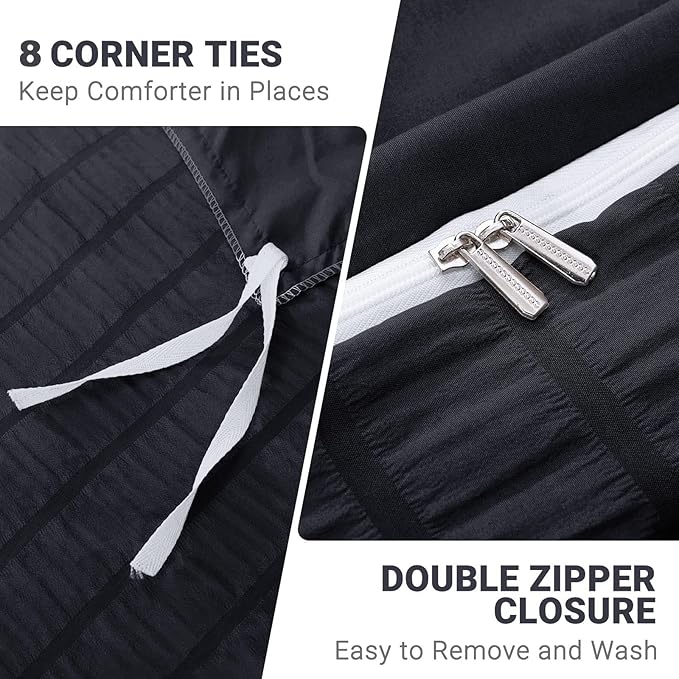 HYMOKEGE Black Duvet Cover Full Size, Ultra Soft 3-Piece Seersucker Duvet Cover Set with Zipper Closure, Soft Brushed Microfiber Bedding Set with 8 Corner Ties (80"x90", 2 Pillowshams)