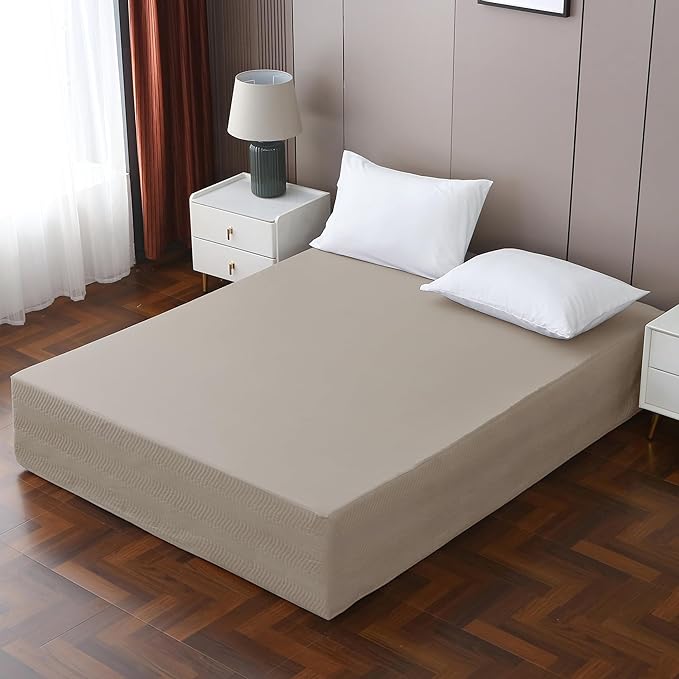 Full Bed Skirt-Box Spring Cover with 14 Inch Tailored Drop,Wrinkle and Fade Resistant Hotel Wrap Around Bed Skirts,Bed Frame Cover (Wave Pattern Light Khaki, Full)
