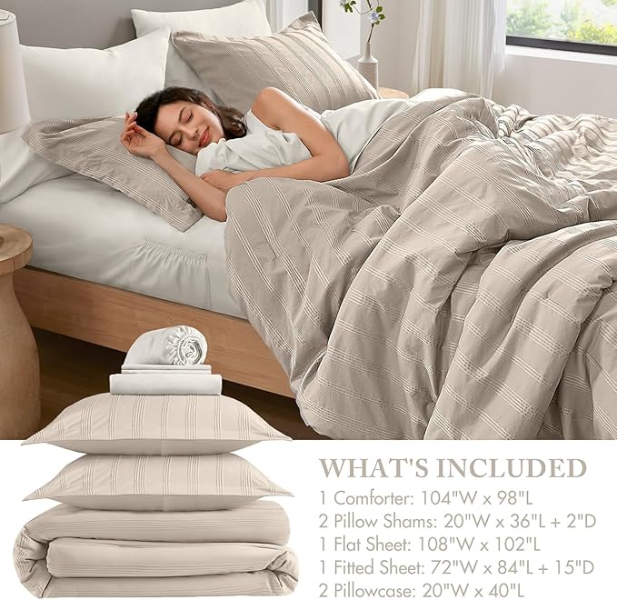 Madison Park Essentials Striped Comforter Set Cal King, 7 Pieces Modern Minimalist Jacquard Bedding Set for All Season, Bed in A Bag with Sheet Set and Soft Brushed Reverse, Lightweight Neutral