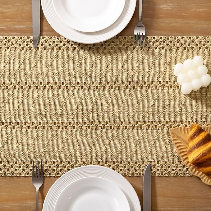 Socomi Boho Table Runner Macrame Easter Spring Farmhouse Woven Cotton Linen Rustic Coffee Table Runner with Tassels for Dresser Scarf Home Decor Dining Room 12x90 inch Champagne