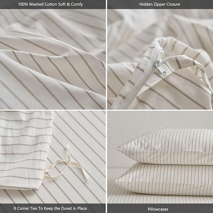 MooMee Striped Duvet Cover Set 100% Washed Cotton Linen Like Textured Breathable Durable Soft Comfy (White Tannish Linen Grey Wide Stripes, Queen 90"x90")