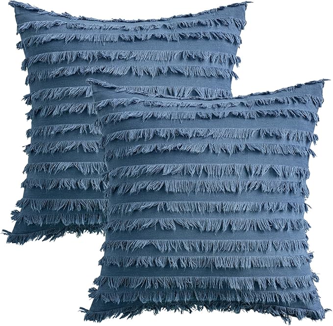 MIULEE Set of 2 Decorative Boho Throw Pillow Covers Linen Striped Jacquard Pattern Cushion Covers for Sofa Couch Living Room Bedroom 18x18 Inch Dark Blue