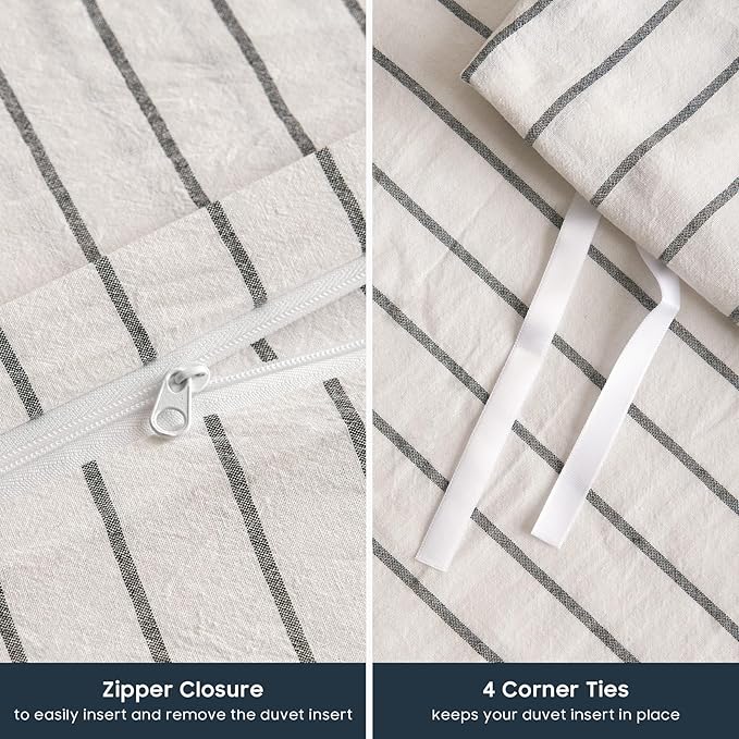 Wake In Cloud - Striped Cotton Duvet Cover Set, Ticking Stripe Vertical Pinstripe Farmhouse, 100% Washed Cotton Textured Percale Bedding Set, 3 Pieces, White, Queen Size