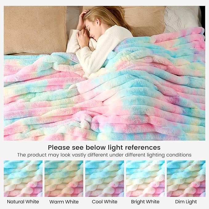 Cozy Bliss Faux Fur Throw Blanket for Couch, Cozy Warm Plush Striped Blanket for Sofa Bedroom Living Room, 108 * 90 Inches Tie-dye Rainbow