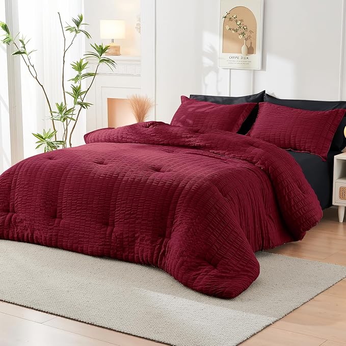 HYMOKEGE Red & Black Twin Comforter Set Seersucker 5 Pieces, All Season Luxury Bed in a Bag for Bedroom, Bedding Set with Comforters, Sheets, Pillowcase & Sham