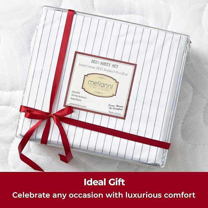 Mellanni Full Sheets Set - 4 PC Iconic Collection Bedding - Hotel Luxury, Extra Soft, Cooling Bed Sheets - Wrinkle, Fade, Stain Resistant (Full, Pinstripe Gray)