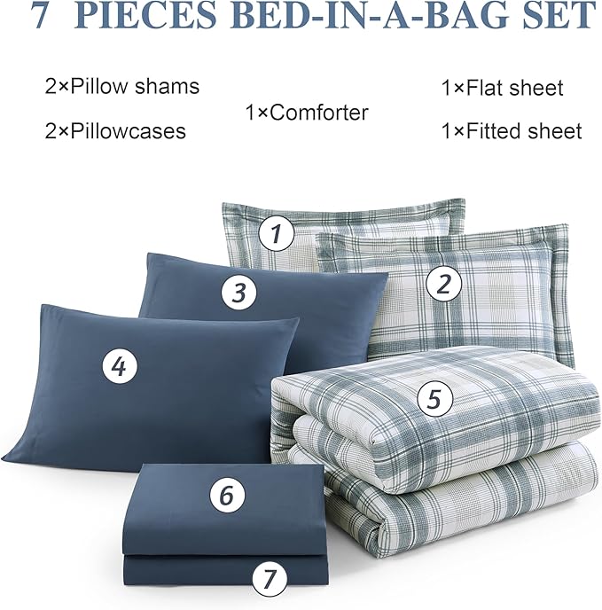 Plaid Queen Comforter Set, Blue Grey Bedding Set 7 Piece for Boys Girls Teen, Classic Homestead-Style Kids Comforter Set Bed in A Bag with Sheets, Pillowcases & Shams