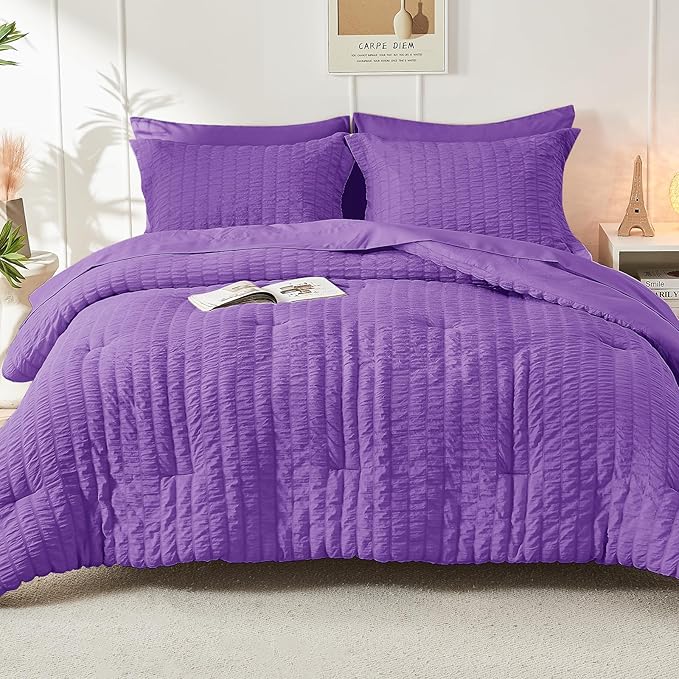 HYMOKEGE Dark Purple California King Comforter Set Seersucker 7 Pieces, All Season Luxury Bed in a Bag for Bedroom, Bedding Set with Comforter, Sheets, Pillowcases & Shams