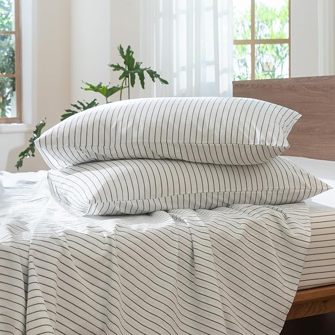 MooMee Striped Duvet Cover Set 100% Washed Cotton Linen Like Textured Breathable Durable Soft Comfy (White Heathered Green Wide Stripes, Cal King 104"x98")