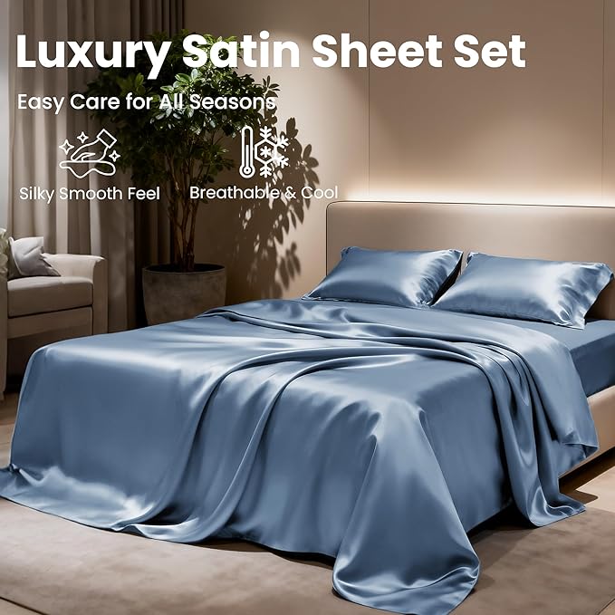 Love's cabin Twin Satin Sheets Sets - 3 Piece Ash Blue Silky Bed Sheets with Deep Pockets, Luxury Silk Feel Satin Twin Size Sheet Set Bedding Set (1 Flat Sheet,1 Fitted Sheet,1 Pillow case)