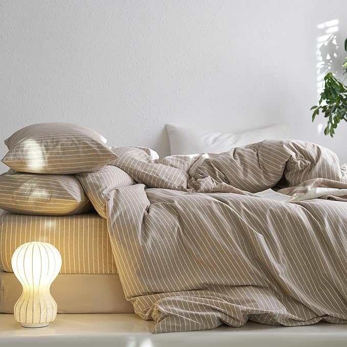 MooMee Striped Duvet Cover Set 100% Washed Cotton Linen Like Textured Breathable Durable Soft Comfy (Tannish Linen Grey White Wide Stripes, Oversized King Plus 128"x120")