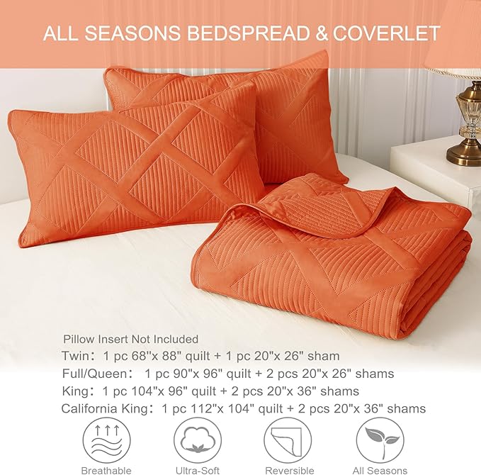 Exclusivo Mezcla Quilts Queen Size - Burnt Orange Quilt Set Bedspread with 2 Pillow Shams, Modern Bedding Set with Striped Pattern, Soft Lightweight Bedspreads Queen Size for All Seasons
