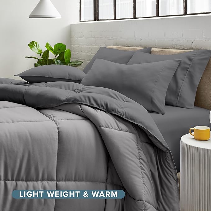 Bare Home Reversible Bed-in-A-Bag Comforter & Sheet Set - California King - Down Alternative - Soft - Bedding Set (Cal King, Grey/Light Grey)