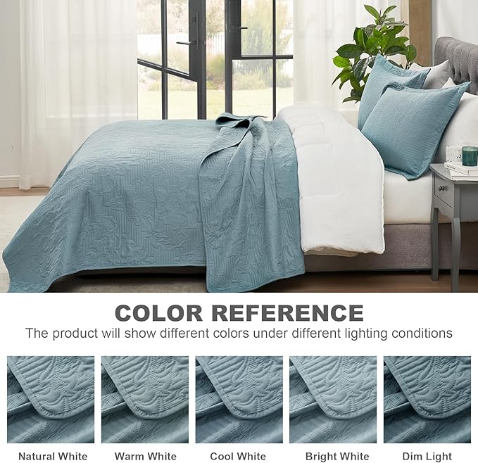 Hansleep Blue Quilt King Size - Damask Ultrasonic All Season Bedspread King, Soft Lightweight Coverlet Bedding Set, 3 Pieces (1 Quilt, 2 Pillow Shams)