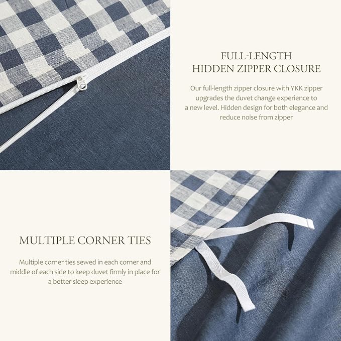DAPU Linen Duvet Cover King,Yarn Dyed Gingham Check Plaid 100% Washed Linen Bedding with Envelope Closure,3 PCs Soft Linen Duvet Cover Set, Geometric Checkered Pattern in Navy Blue & White,King Size