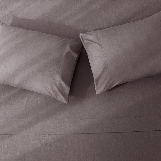 JIYUAN 100% Washed Cotton Sheet Set 4 Pieces Full,1 Fitted Sheet,1 Flat Sheet and 2 Pillowcases,Comfy and Breathable Linen Like Bedding Set,Heathered Mauve Brown