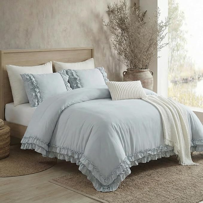 Bedrom Ruffled King Duvet Cover Set Blue Grey Bedding Set Shabby Chic Light Gray Boho Bedding Super Soft Lightweight Farmhouse Ruffle Duvet Cover Set for All Season