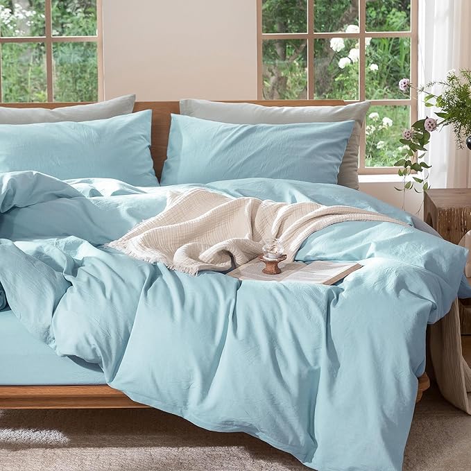 MooMee Bedding Duvet Cover Set 100% Washed Cotton Linen Like Textured Breathable Durable Soft Comfy (Heathered Light Blue, King 104"x90")