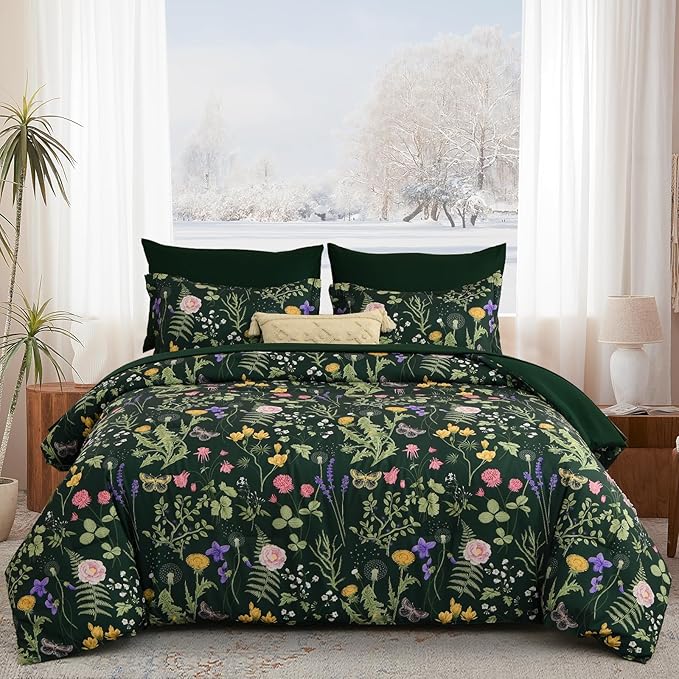 Yiran Queen Comforter Set 7 Piece, Dark Green Floral Bedding Set, Bed in a Bag Queen with Botanical Flowers Patterns, Soft Lightweight Complete Comforters with Sheets for All Season