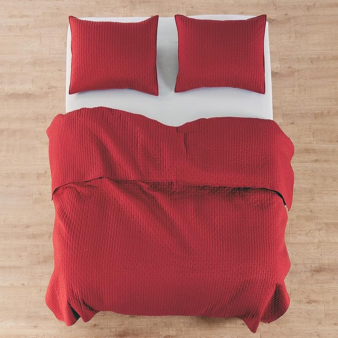Levtex Home Cross Stitch Reversible Queen Bedspread Set (104x106in) with 2 Pillow Shams (26x20in) - Stitch Texture - Chile Red - Cotton Queen Size Bedspread Set - Lightweight, Soft, Pre-Washed