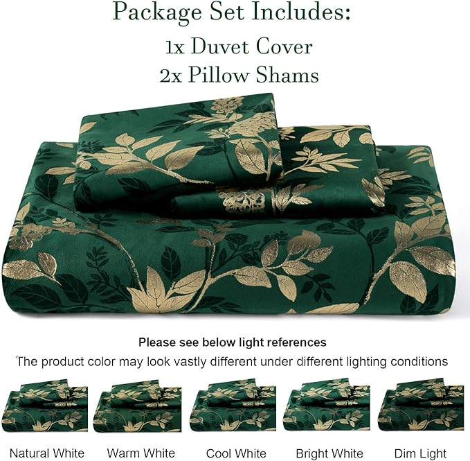 PHF Truly Velvet Duvet Cover Set Queen Size, 3pcs Leaves Print Ultra Soft Breathable Comforter Cover Set, Luxury Cozy Flannel Duvet Cover with Pillow Shams Bedding Collection, 90" x 90",Green and Gold