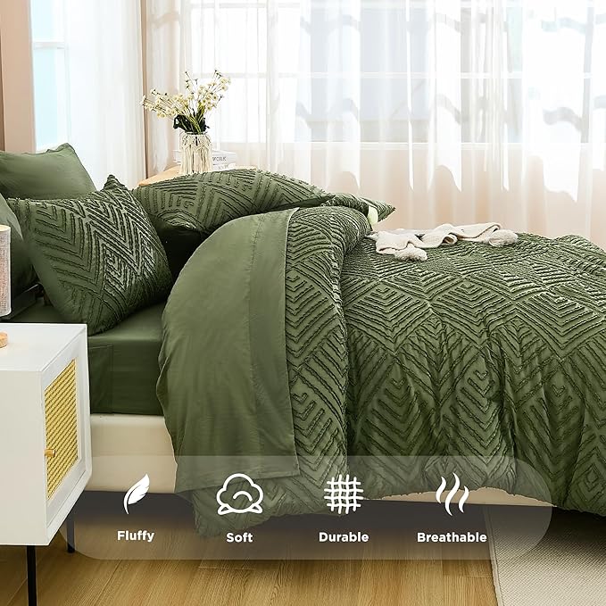 Andency Super King Comforter Set Olive Green - 7 Piece Oversized King Bed in a Bag Olive Green Bedding Sets, Boho Tufted Bed Set with Comforter, Sheets, Pillowcases & Shams