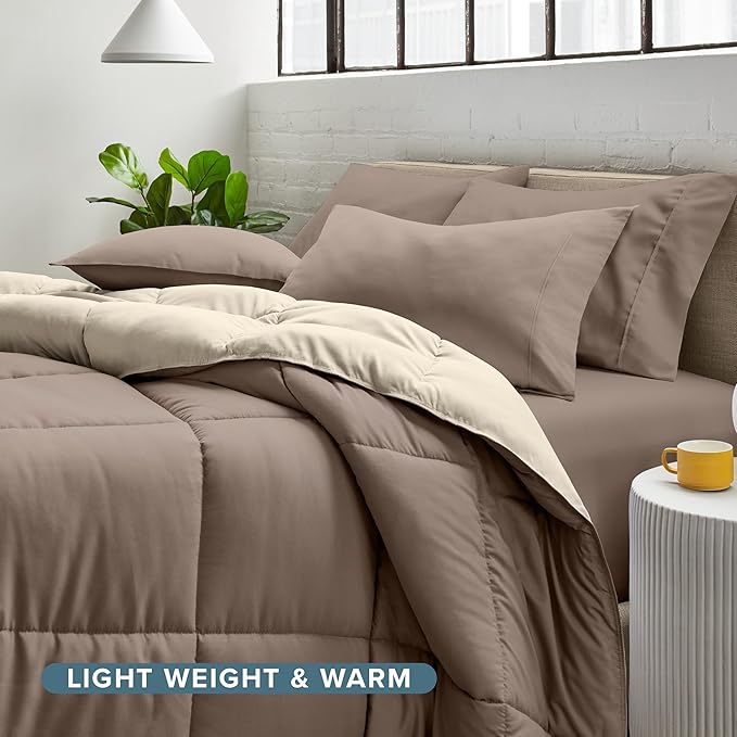 Bare Home Reversible Bed-in-A-Bag Comforter & Sheet Set - Twin Extra Long - Down Alternative - Soft - Bedding Set (Twin XL, Taupe/Sand, Taupe)