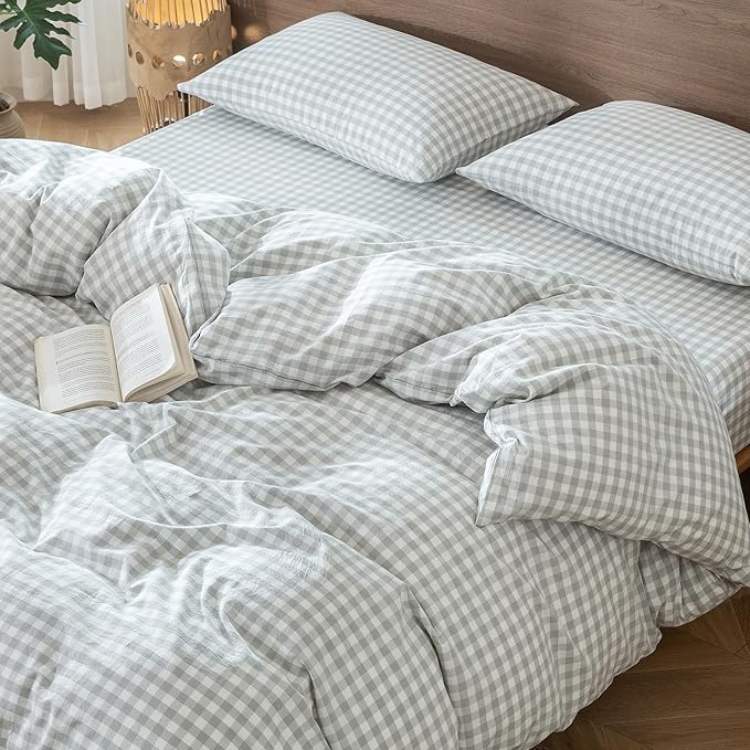 MooMee Gingham Duvet Cover Set 100% Washed Cotton Linen Like Textured Breathable Durable Soft Comfy Modern Checkered Design (Northern Droplet Grey Gingham, Oversized Queen 98"x98")